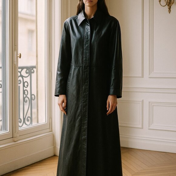 Henig Fur Black Full length Leather Trench coat size - Picture 1 of 15